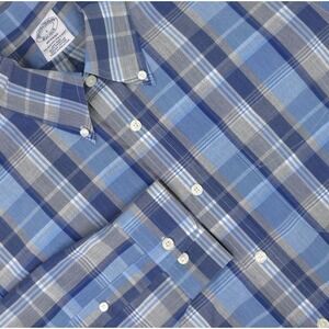 Brooks Brothers Shirt Mens Large Blue Plaid Regent Non Iron Supima Cotton Dress